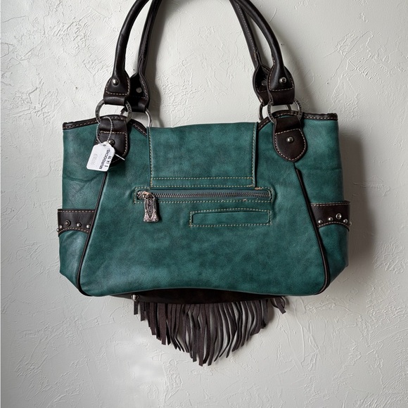 Trinity Ranch Western Studded Fringe Tote Teal Brown Leather NWT - Picture 6 of 16